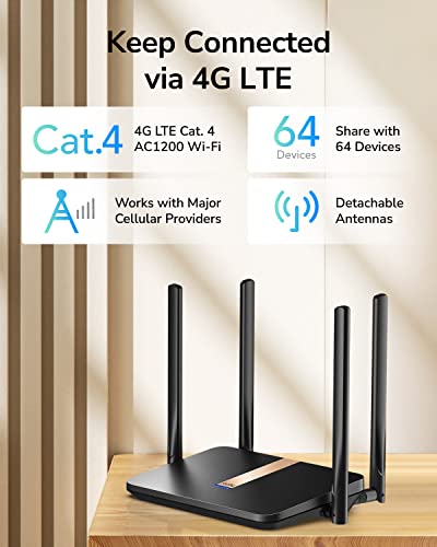 Cudy New AC1200 Unlocked 4G LTE Modem Router with SIM Card Slot, 1200Mbps Mesh WiFi, EC25-AFX Qualcomm Chipset, Detachable Cellular Antennas, DDNS, VPN, LT500D