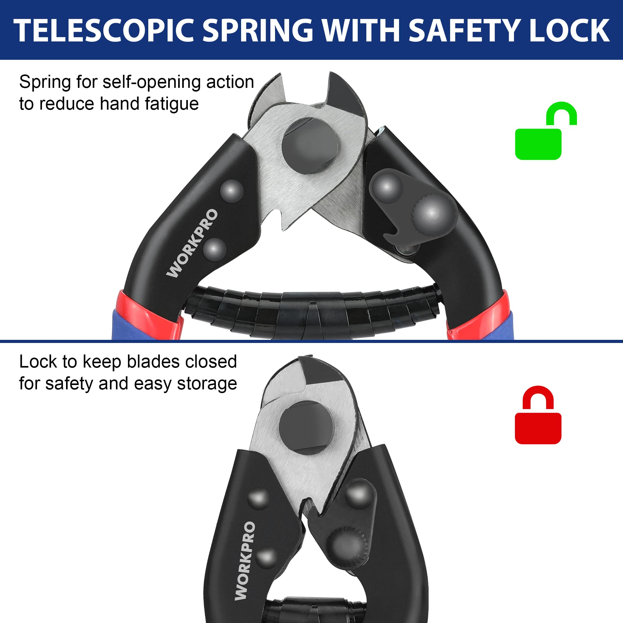 WORKPRO Cable Cutter, 7-1/2 inch Heavy Duty Wire Rope Cutter, Chrome Vanadium Steel Jaw, for Hard Wire Ropes, Steel Wires And Aircraft Cables