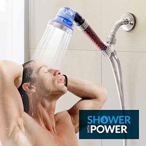 Shower with Power Shower Head with Handheld Shower Head Filter for Hard Water. High Pressure Showerhead with 3 Spray Modes. Includes Bracket and 6 ft hose.