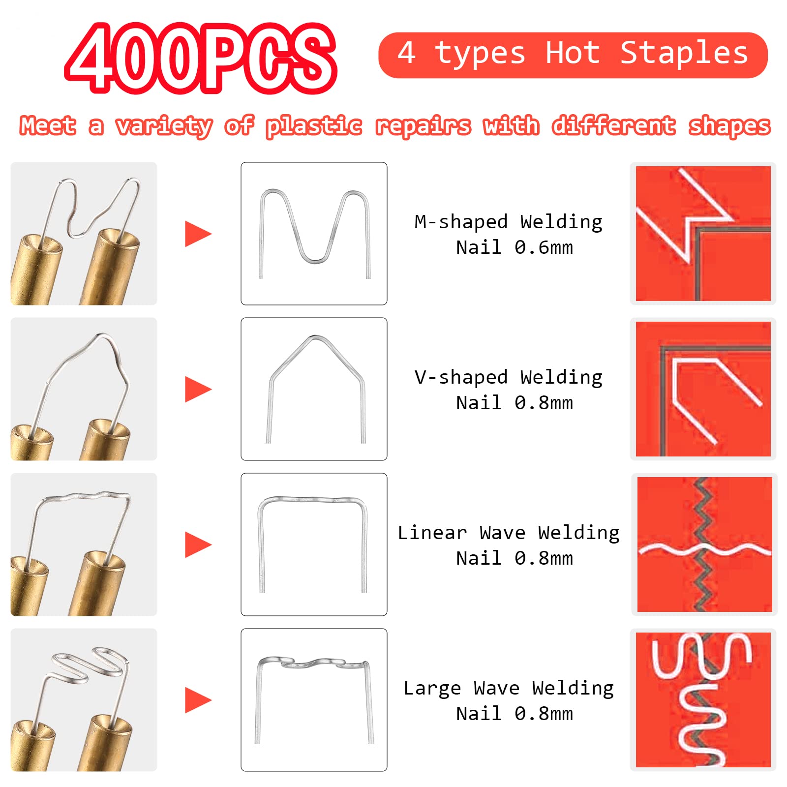 Hot Stapler Plastic Welder Repair Kit Multiple Types Staples Suitable for Various Welding Environment with 400 Staples