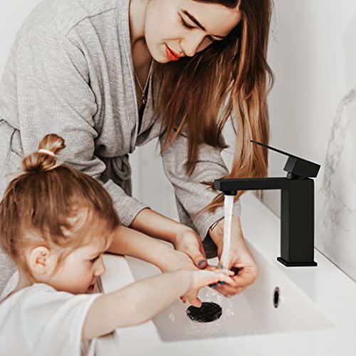 KES Black Bathroom Faucet & Bathroom Sink Drain with Overflow, cUPC Certified Vanity Single Hole Faucet with Pop Up Drain Stopper Rustproof Matte Black, L3156ALF-BK-C3