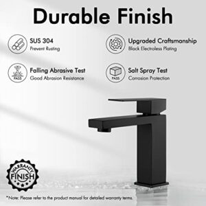 KES Black Bathroom Faucet & Bathroom Sink Drain with Overflow, cUPC Certified Vanity Single Hole Faucet with Pop Up Drain Stopper Rustproof Matte Black, L3156ALF-BK-C3