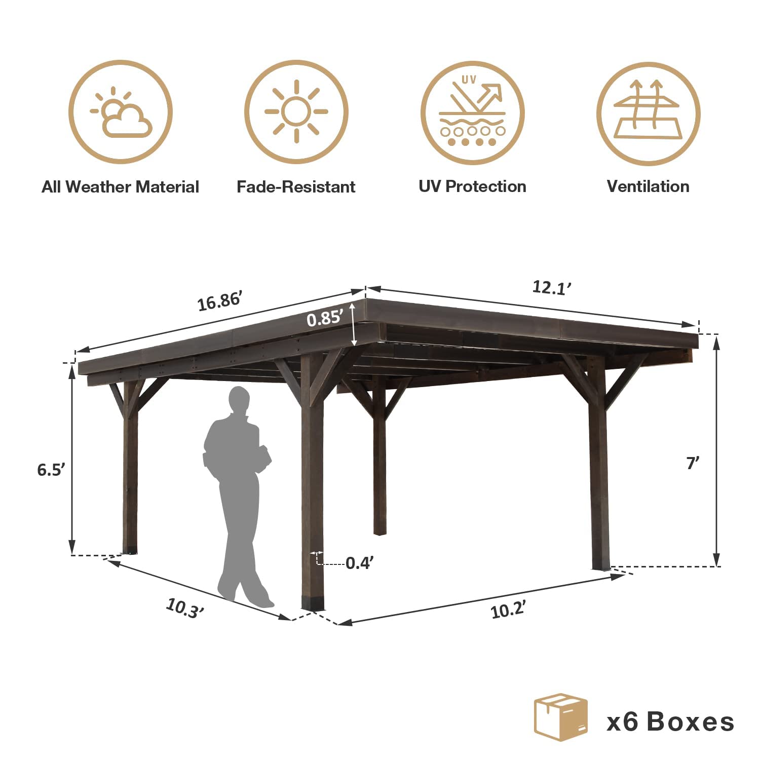 U-MAX 17x12ft Wooden Carport Garage Outdoor Gazebo Wooden Pergola for Backyard, Coffee (CO168)