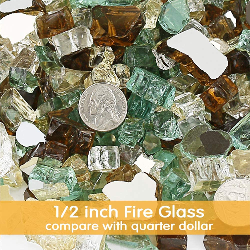 Grisun Fire Glass for Fire Pit, 1/2 Inch Mix 20 Pounds High Luster Reflective Tempered Glass Rocks for Natural or Propane Fireplace, Safe for Outdoors and Indoors Firepit Glass