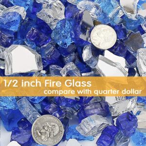 Grisun Fire Glass for Fire Pit, 1/2 Inch Mix 20 Pounds High Luster Reflective Tempered Glass Rocks for Natural or Propane Fireplace, Safe for Outdoors and Indoors Firepit Glass