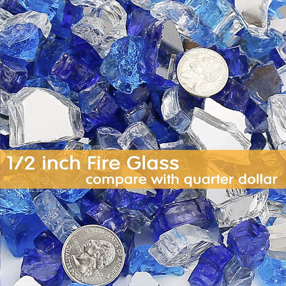 Grisun Fire Glass for Fire Pit, 1/2 Inch Mix 20 Pounds High Luster Reflective Tempered Glass Rocks for Natural or Propane Fireplace, Safe for Outdoors and Indoors Firepit Glass