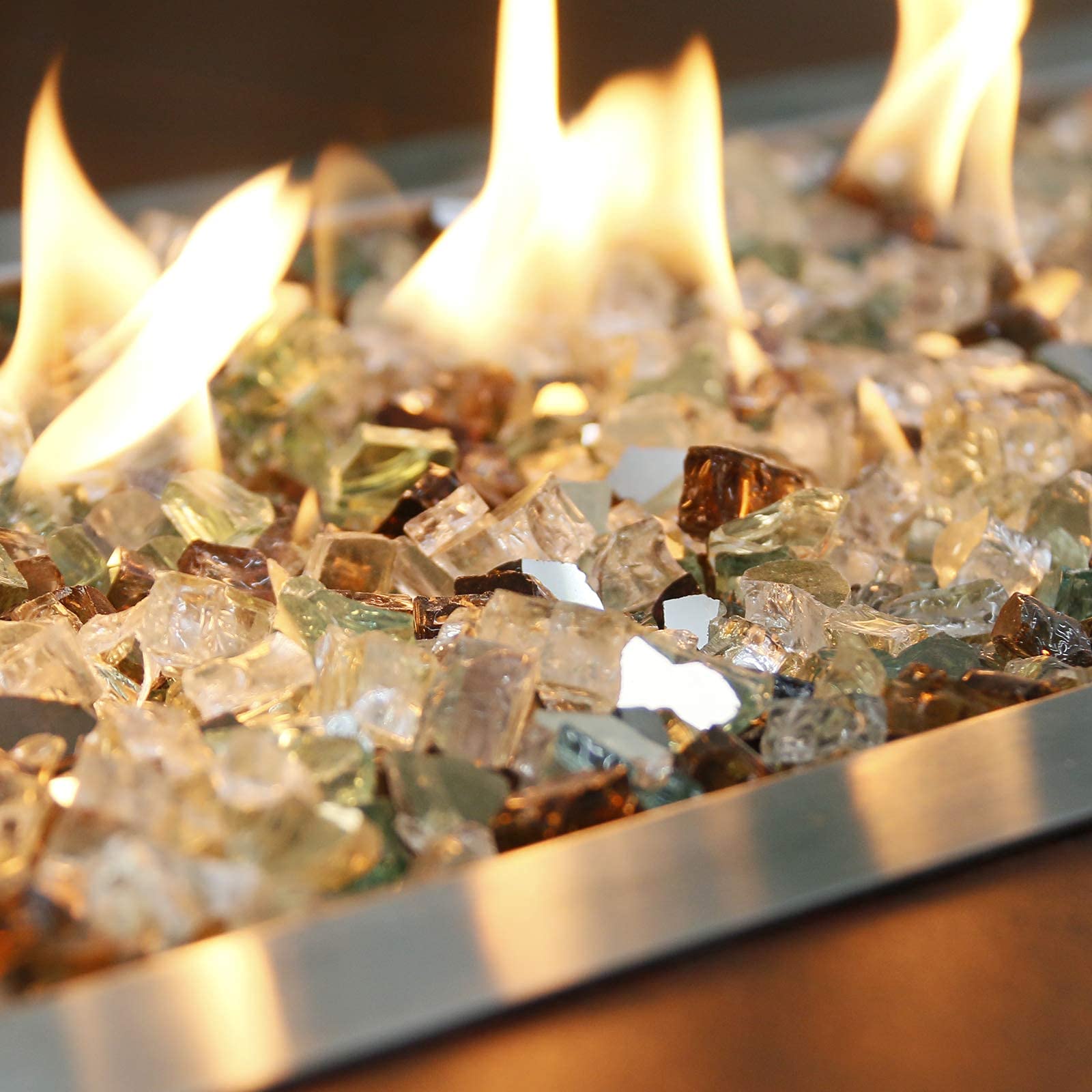 Grisun Fire Glass for Fire Pit, 1/2 Inch Mix 20 Pounds High Luster Reflective Tempered Glass Rocks for Natural or Propane Fireplace, Safe for Outdoors and Indoors Firepit Glass