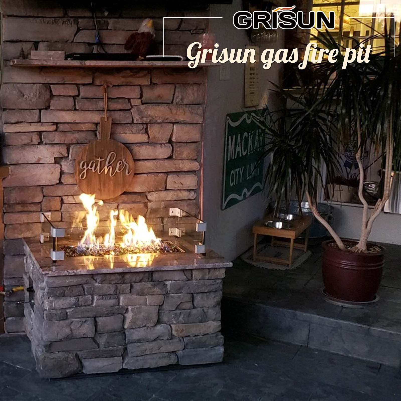 Grisun Fire Glass with Drop-in Fire Pit Kit 18 x 18 Inch, Round Burner with Tray, Come with Upgraded Spark Ignition Kit for Gas Fire Pit, Fire Table