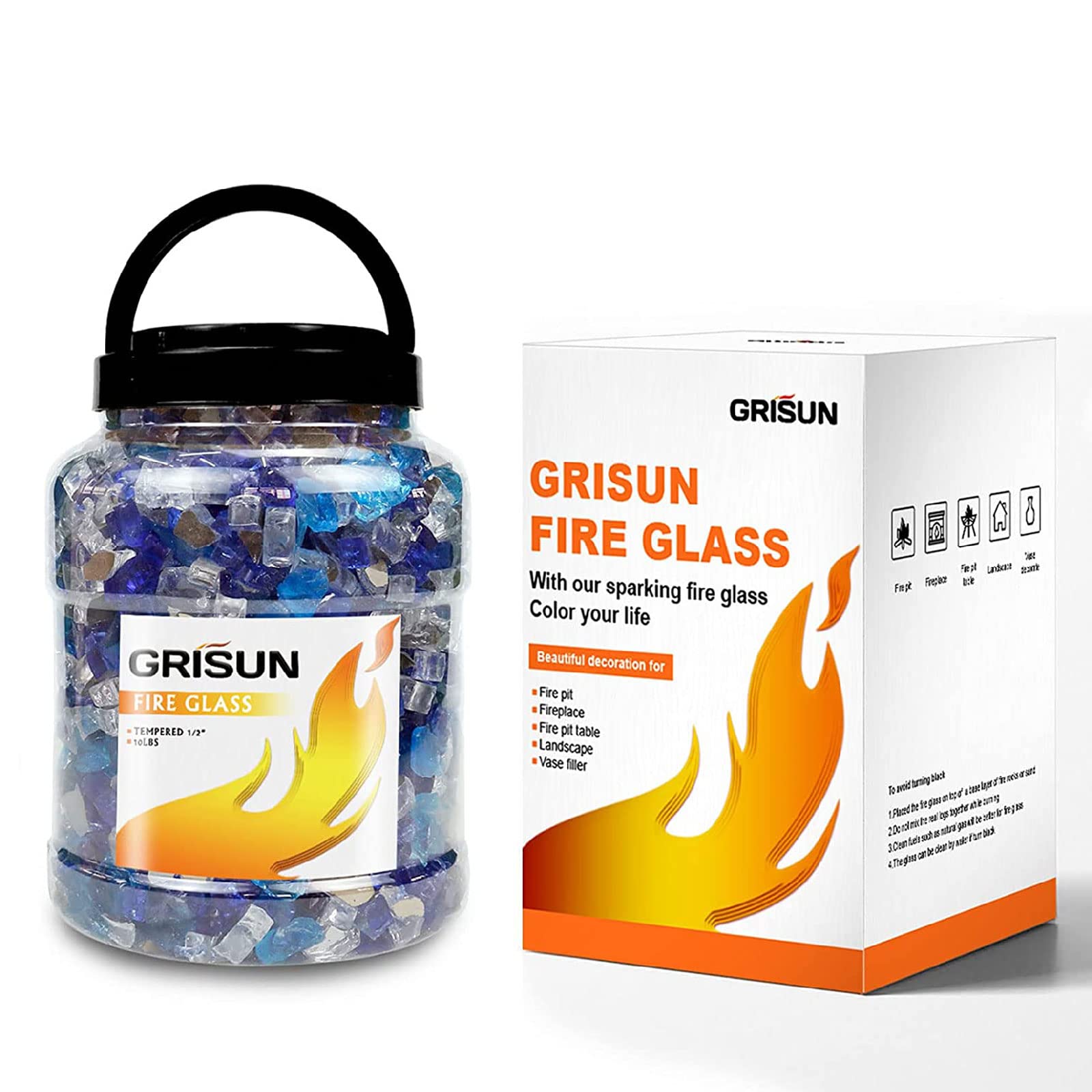 Grisun Fire Glass with Drop-in Fire Pit Kit 18 x 18 Inch, Round Burner with Tray, Come with Upgraded Spark Ignition Kit for Gas Fire Pit, Fire Table