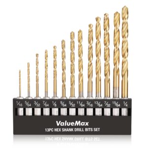 valuemax drill bit set, hex shank impact drill bits with storage box, titanium coated hss twist drilling bit kit for soft metal, wood, pvc, quick change design(13pc, 1/16"-1/4")