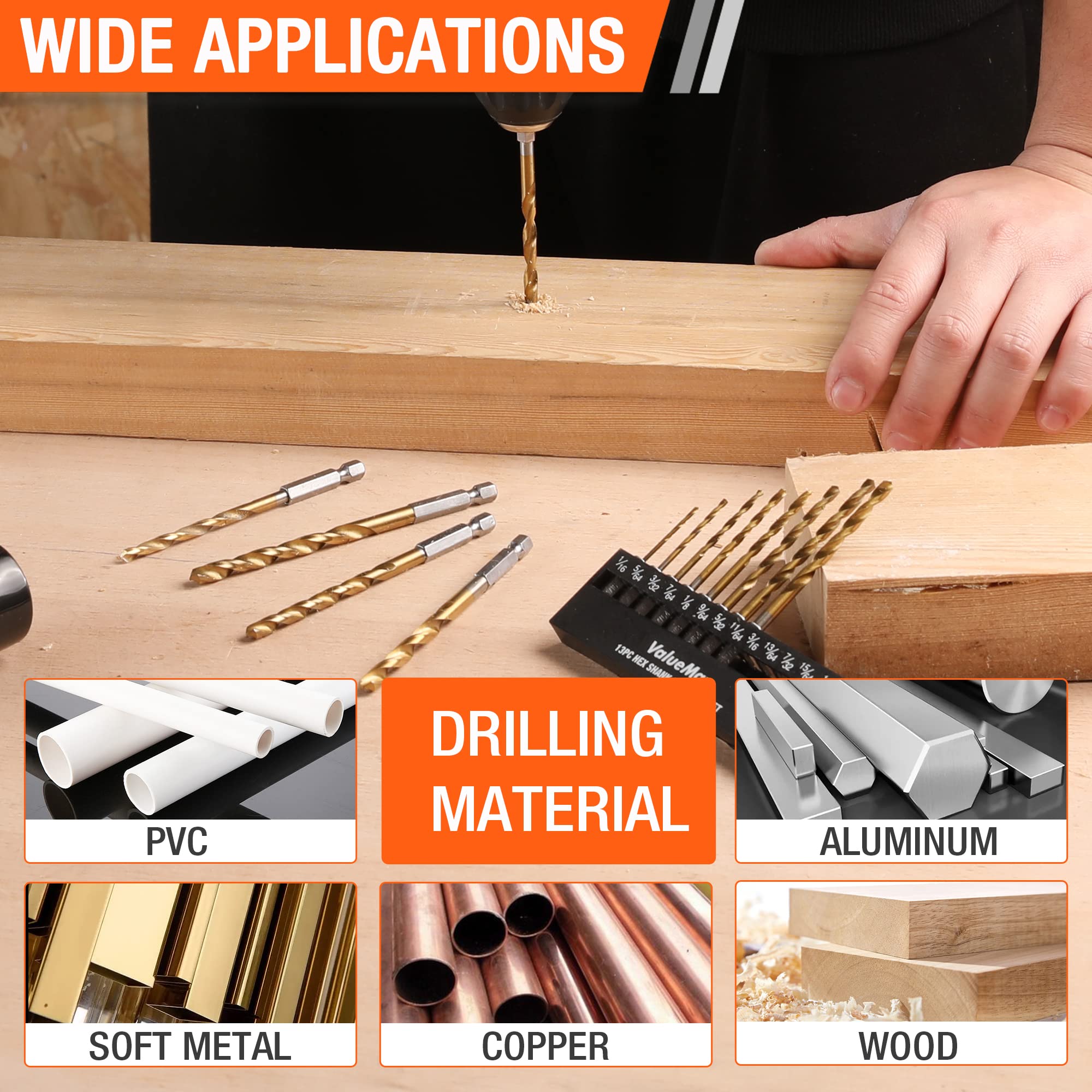 ValueMax Drill Bit Set, Hex Shank Impact Drill Bits with Storage Box, Titanium Coated HSS Twist Drilling Bit Kit for Soft Metal, Wood, PVC, Quick Change Design(13PC, 1/16"-1/4")