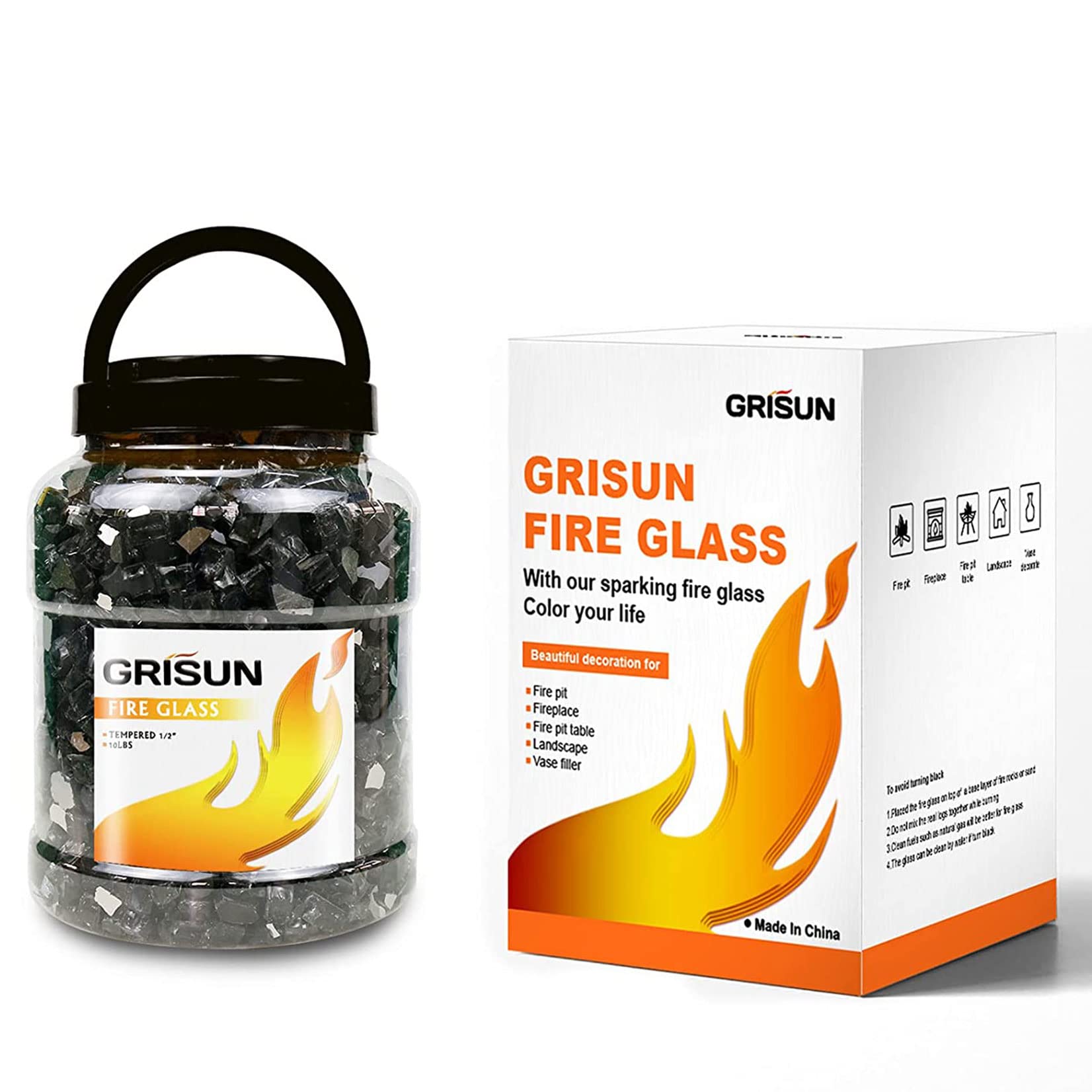 Grisun Fire Glass for Fire Pit, 1/2 Inch Mix 20 Pounds High Luster Reflective Tempered Glass Rocks for Natural or Propane Fireplace, Safe for Outdoors and Indoors Firepit Glass