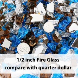 Grisun Fire Glass for Fire Pit, 1/2 Inch Mix 20 Pounds High Luster Reflective Tempered Glass Rocks for Natural or Propane Fireplace, Safe for Outdoors and Indoors Firepit Glass