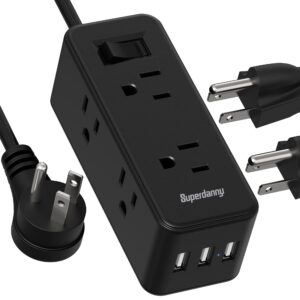 power strip surge protector with usb, superdanny mini flat plug extension cord with 6 widely space outlets & 3 usb ports 5 ft, wall mount, compact & small charging station for office/travel, black
