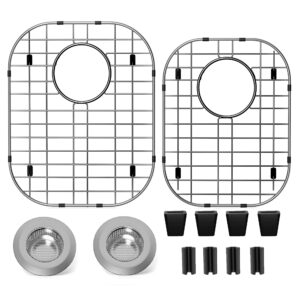 2pack sink protectors for kitchen sink 13"x16"and 11.2"x14.5",stainless steel sink grid, sink rack for bottom of sink, rust resistant metal sink protector with 2pack sink strainer (2 pack rear drain)