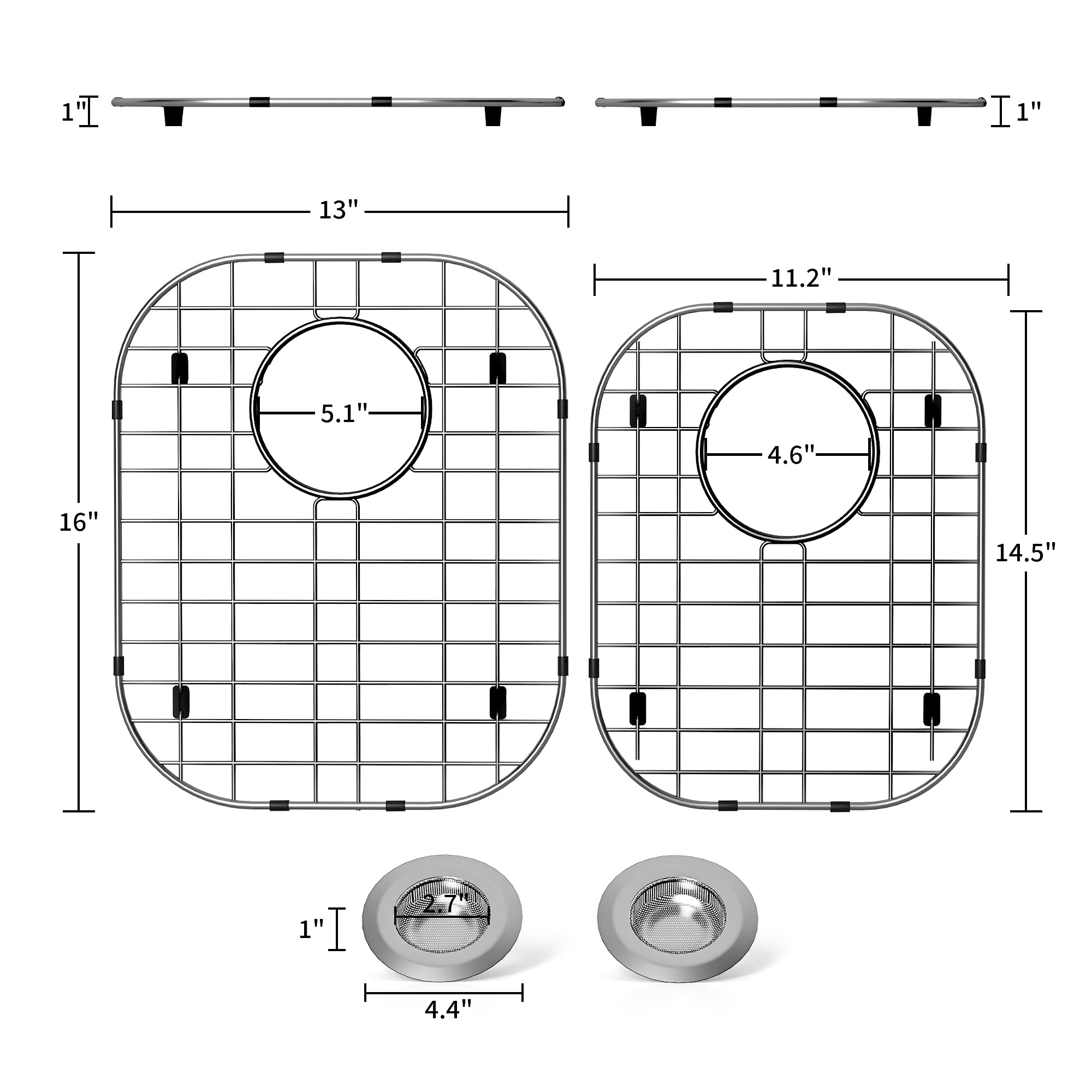 2Pack Sink Protectors for Kitchen Sink 13"x16"and 11.2"x14.5",Stainless Steel Sink Grid, Sink Rack for Bottom of Sink, Rust Resistant Metal Sink Protector with 2Pack Sink Strainer (2 Pack Rear Drain)