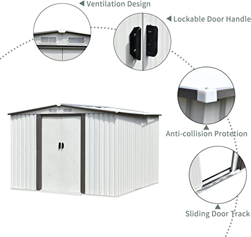 8 x 8 FT Outdoor Storage Shed, Galvanized Metal Sheds Outdoor Storage with Air Vent and Slide Door, Outdoor Storage Tool Garden Shed Bike Shed, Outdoor Shed for Backyard Patio Lawn