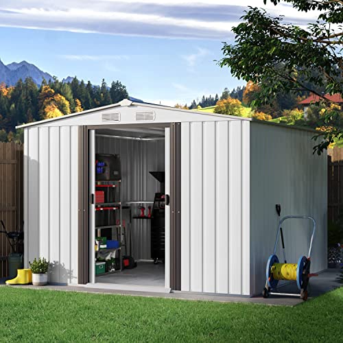 8 x 8 FT Outdoor Storage Shed, Galvanized Metal Sheds Outdoor Storage with Air Vent and Slide Door, Outdoor Storage Tool Garden Shed Bike Shed, Outdoor Shed for Backyard Patio Lawn