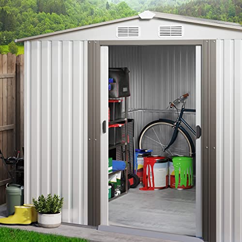 8 x 8 FT Outdoor Storage Shed, Galvanized Metal Sheds Outdoor Storage with Air Vent and Slide Door, Outdoor Storage Tool Garden Shed Bike Shed, Outdoor Shed for Backyard Patio Lawn