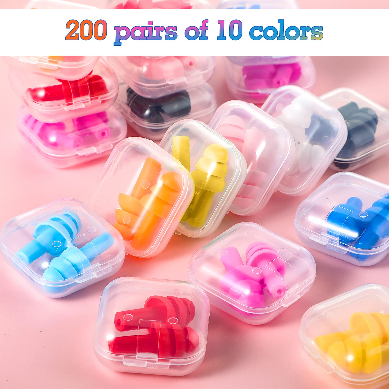 200 Pairs Ear Plugs Bulk for Sleeping Noise Cancelling, Swimming, Shooting, Concerts, Snoring 10 Assorted Colors with Carry Cases Reusable Silicone Earplugs Soft Ear Plugs