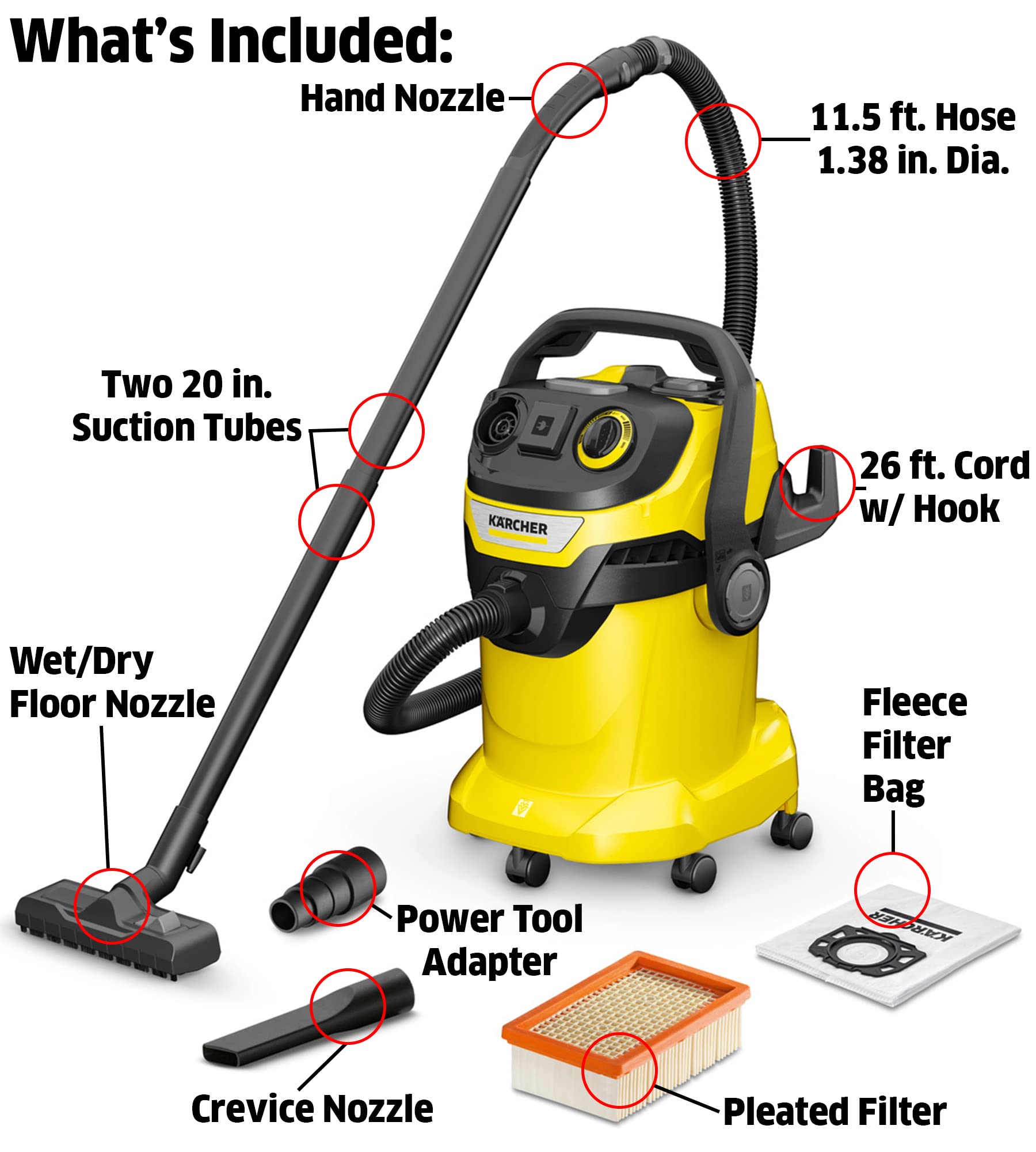 Kärcher - WD 5/P Multi-Purpose Wet-Dry Vacuum Cleaner - 6.6 Gallon - With Attachments – Blower Feature, Semi-Automatic Filter Cleaning, Space-Saving Design - 1100W - 2022 Edition,Yellow