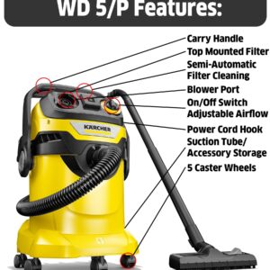 Kärcher - WD 5/P Multi-Purpose Wet-Dry Vacuum Cleaner - 6.6 Gallon - With Attachments – Blower Feature, Semi-Automatic Filter Cleaning, Space-Saving Design - 1100W - 2022 Edition,Yellow