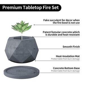 Kante Concrete Tabletop Fire Pit with 6" Dark Gray Base, Ethanol Fire Pit for Indoor&Outdoor, Portable Rubbing Alcohol Tabletop Fire Bowl, Mini Fireplaces for Smores Maker (Rock Style)