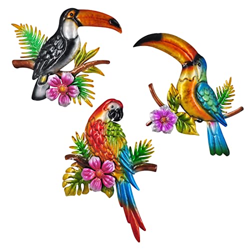 Tuokiuhn Metal Bird Wall Decor Toucan Macaw Decoration Bird Wall Art Tropical Wall Art Suitable for Outdoor Fence Patio Wall Decorations Set of 3