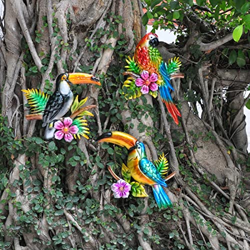 Tuokiuhn Metal Bird Wall Decor Toucan Macaw Decoration Bird Wall Art Tropical Wall Art Suitable for Outdoor Fence Patio Wall Decorations Set of 3