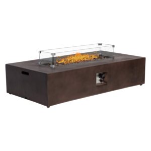 sunbury outdoor propane burning fire pit, patio fire table 50,000 btu fire pit for outside w glass wind guard, waterproof cover (rectangle, dark brown)