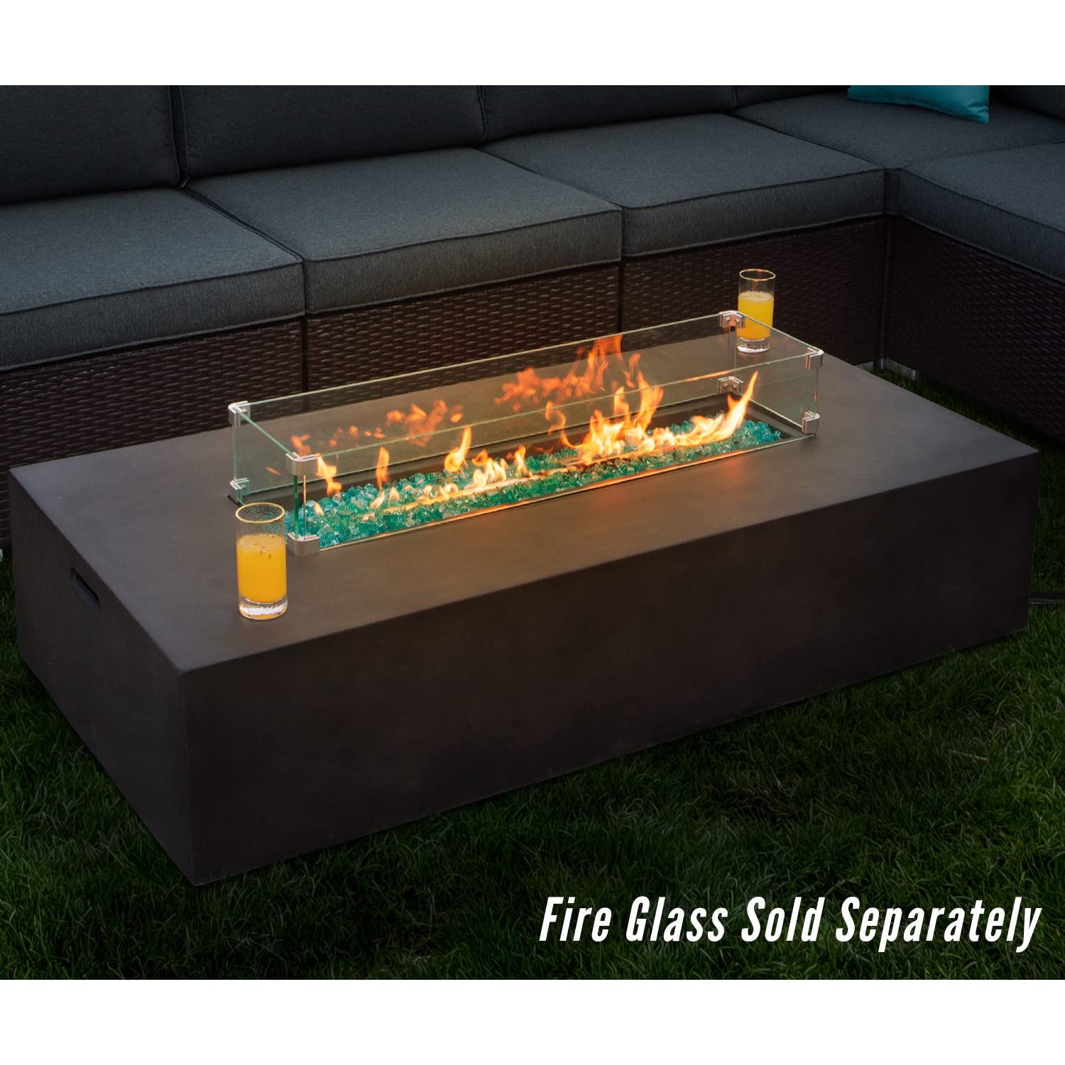 SUNBURY Outdoor Propane Burning Fire Pit, Patio Fire Table 50,000 BTU Fire Pit for Outside w Glass Wind Guard, Waterproof Cover (Rectangle, Dark Brown)