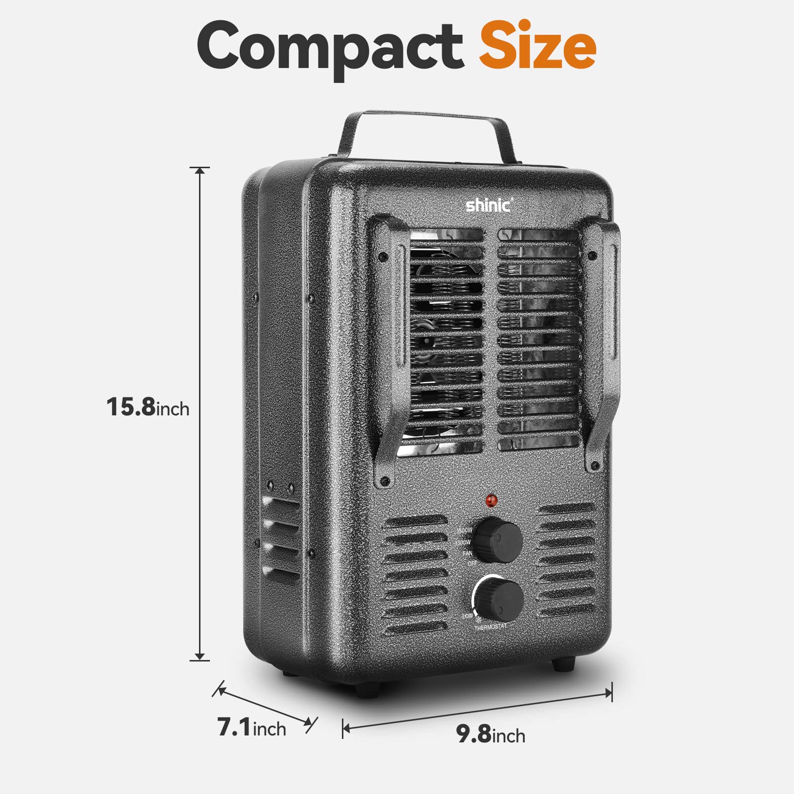 Shinic Space Heater,1500W Milkhouse Heater with Thermostat, Stay Cool Durable Metal Housing, Overheat protection, 3-Prong Plug, Tip-Over Auto Shut Off, Utility Heater for Garage, Bedroom, Greenhouse