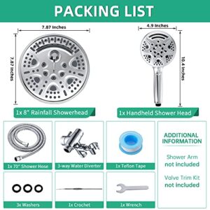 V-Frankness Shower Head with Handheld Combo, High Pressure 69 Settings Shower Head Buit in Power Wash Mode, with Soild Brass Diverter and 70 Inches Extra Long Stainless Steel Hose (Chrome)