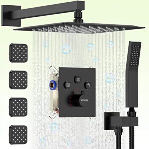 bostingner thermostatic rain shower system, 12 inch matte black wall mount faucet set with body jets and valve, all functions simultaneous use