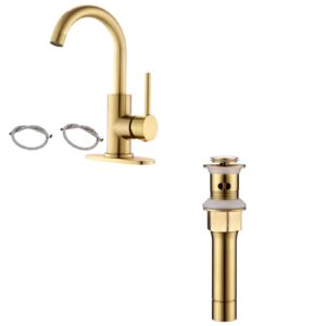 gold bathroom sink faucet and pop up drain with overflow