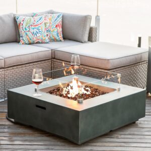 cosiest outdoor propane square fire pit table, green faux stone 35-inch planter base, 50,000 btu stainless steel burner, amber yellow fire glass and rain cover, metal lid
