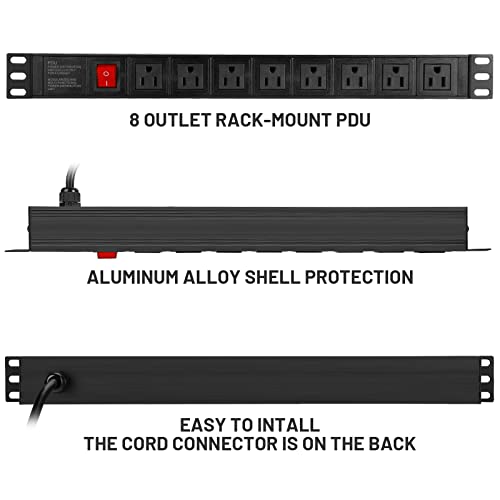 BTU Power Strip Surge Protector Rack-Mount PDU, 8 Right Angle Outlets Wide-Spaced, Heavy Duty 1U Rack Mount PDU Power Strip for Server Racks, 160 Joules, 15A/125V, 6ft Cord