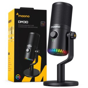 maono usb gaming microphone for pc, programmable condenser mic with rgb light, mute, gain, monitoring, volume control for streaming, podcast, twitch, youtube, discord, computer, mac, ps5, dm30 (black)