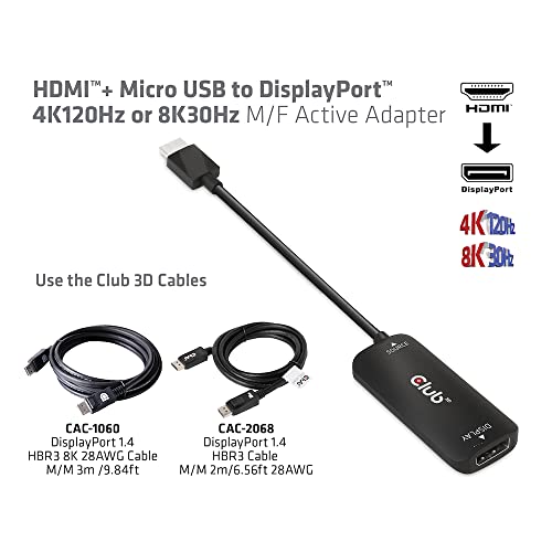 Club 3D CAC-1335 HDMI 2.1 to DisplayPort 1.4 4K120Hz or 8K30Hz M/F Active Adapter