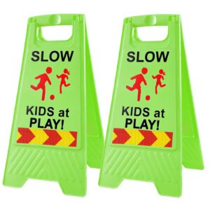 slow kids at play signs for street, double-sided text and graphics with reflective tape, children at play safety sign for neighborhoods schools park sidewalk driveway (2-pack green)