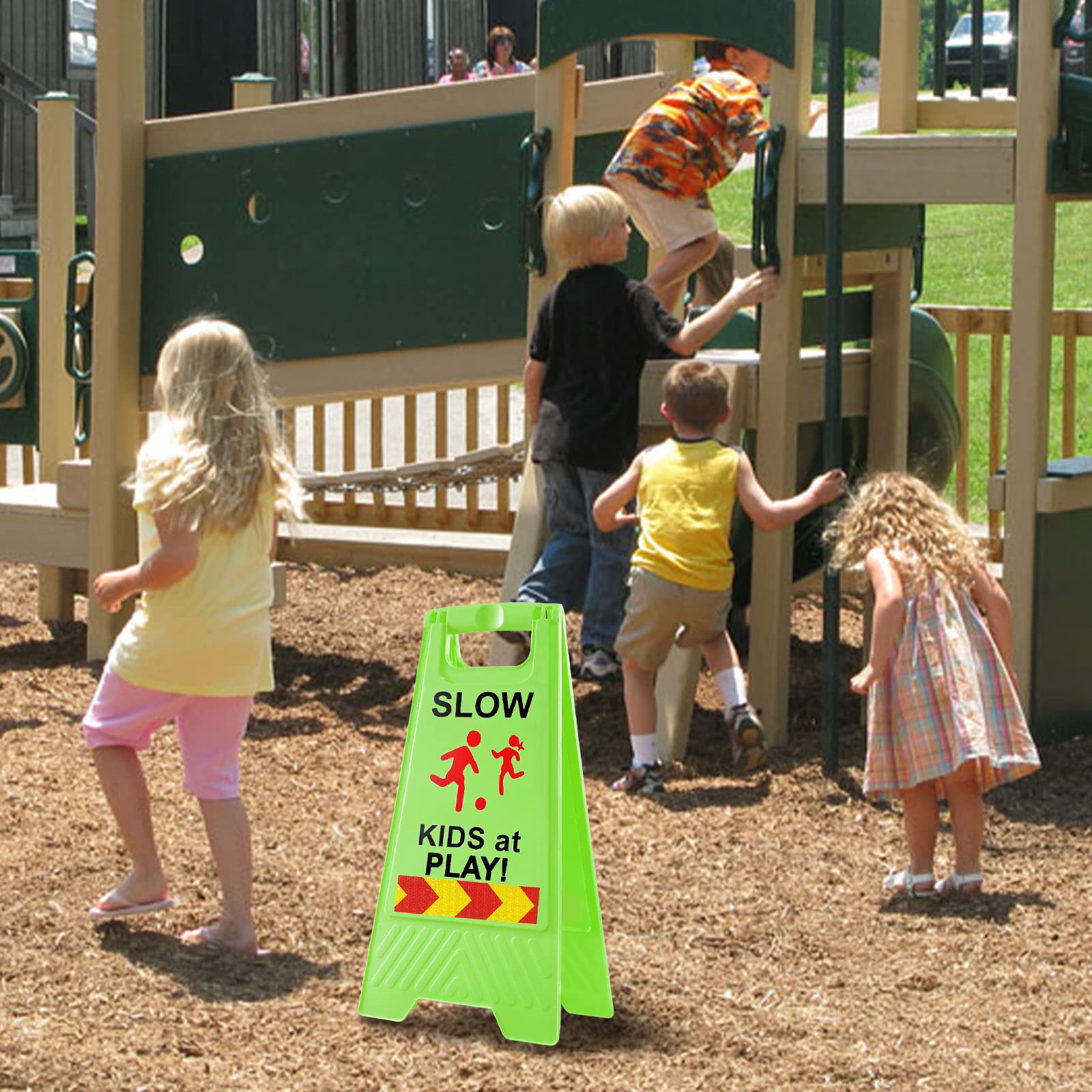 Slow Kids at Play Signs for Street, Double-Sided Text and Graphics with Reflective Tape, Children at Play Safety Sign for Neighborhoods Schools Park Sidewalk Driveway (2-Pack Green)