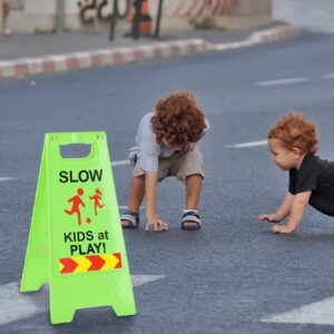 Slow Kids at Play Signs for Street, Double-Sided Text and Graphics with Reflective Tape, Children at Play Safety Sign for Neighborhoods Schools Park Sidewalk Driveway (2-Pack Green)