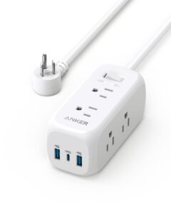 anker usb c power strip surge protector(300j), power strip, 6 outlets, 20w power delivery, 3-side outlet extender, 5ft extension cord, tuv listed, ideal for desk use, compact for small spaces