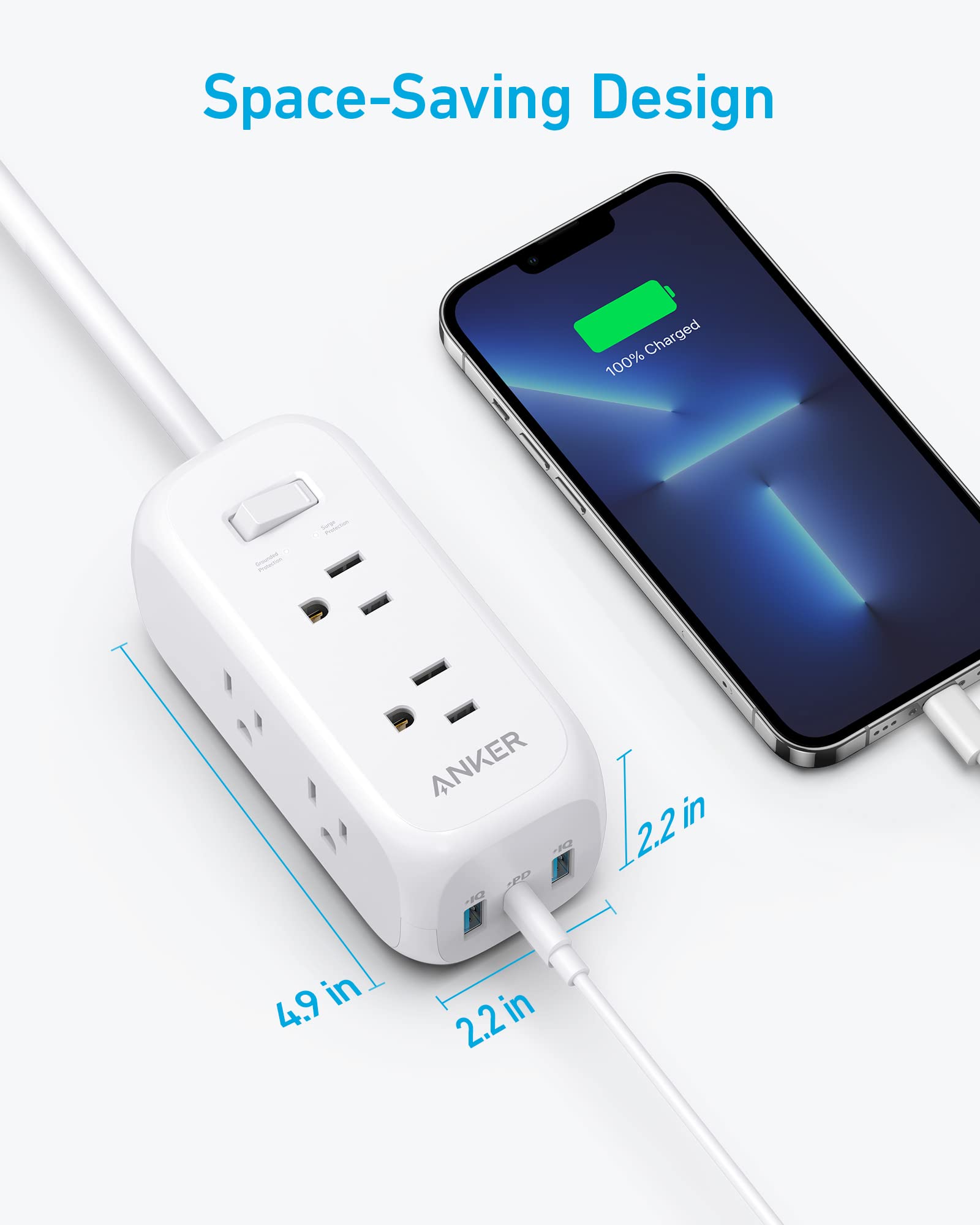 Anker USB C Power Strip Surge Protector(300J), Power Strip, 6 Outlets, 20W Power Delivery, 3-Side Outlet Extender, 5ft Extension Cord, TUV Listed, Ideal for Desk use, Compact for Small Spaces