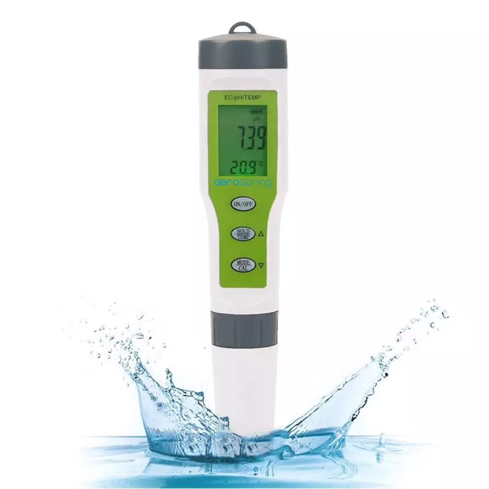 AEROSPRING 3-in-1 Waterproof Multifunction Digital Meter, Measures Electrical Conductivity (EC), pH and Temperature Functions Specially Designed for Hydroponic Systems