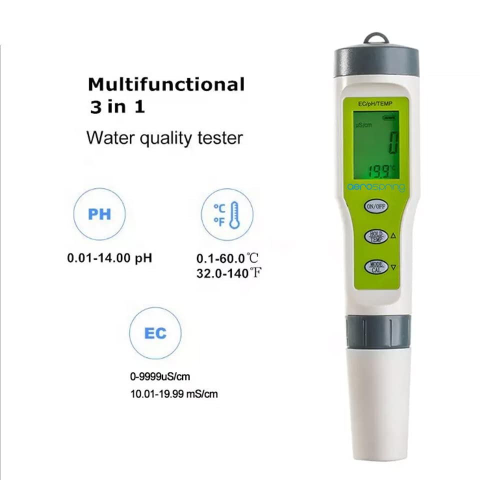 AEROSPRING 3-in-1 Waterproof Multifunction Digital Meter, Measures Electrical Conductivity (EC), pH and Temperature Functions Specially Designed for Hydroponic Systems