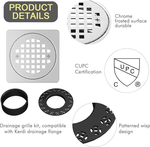 UNI-DRAIN Shower Drain Square 4 Inch with Flange, Drain Grate Kit Replacement 304 Stainless Steel Compatible with Schluter Systems kerdi Shower Drain CUPC Certification, Matte Black