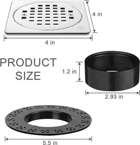 UNI-DRAIN Shower Drain Square 4 Inch with Flange, Drain Grate Kit Replacement 304 Stainless Steel Compatible with Schluter Systems kerdi Shower Drain CUPC Certification, Matte Black