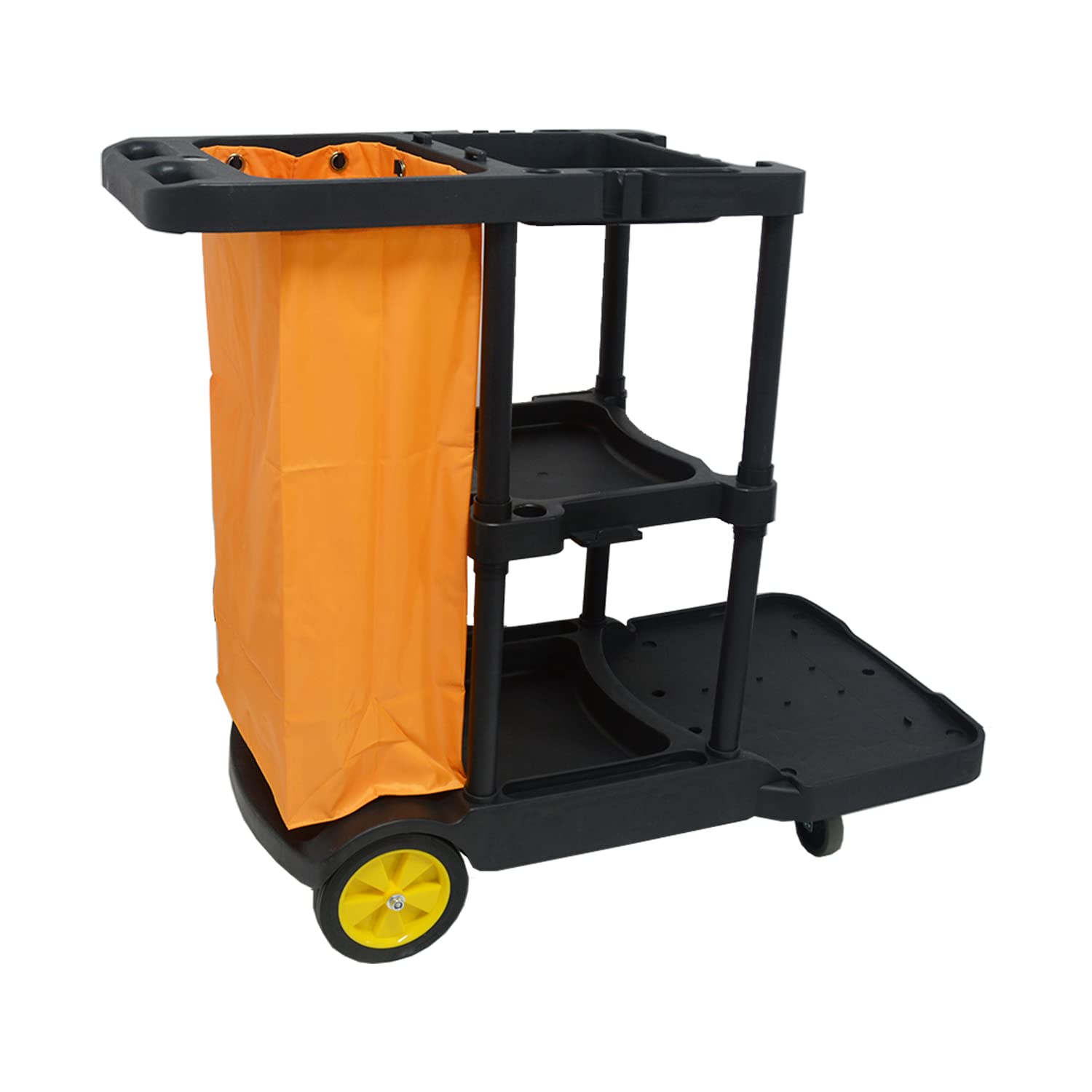 tonchean Commercial Janitorial Cart 3 Shelf Housekeeping Cleaning Cart, Large Capacity Utility Clean Trolley with Wheels and 25 Gallon Vinyl Bag 44.5”L x 22”W x 36.6”H, Black