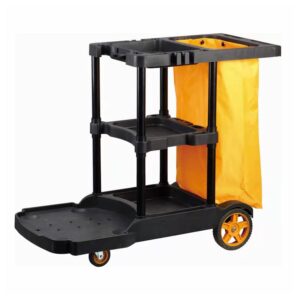 tonchean Commercial Janitorial Cart 3 Shelf Housekeeping Cleaning Cart, Large Capacity Utility Clean Trolley with Wheels and 25 Gallon Vinyl Bag 44.5”L x 22”W x 36.6”H, Black